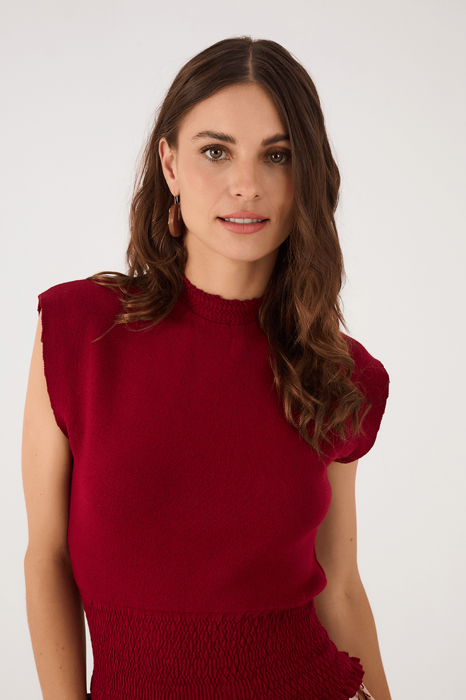 Red Encanto Smocked High Neck Sleeveless Tricot Blouse_3