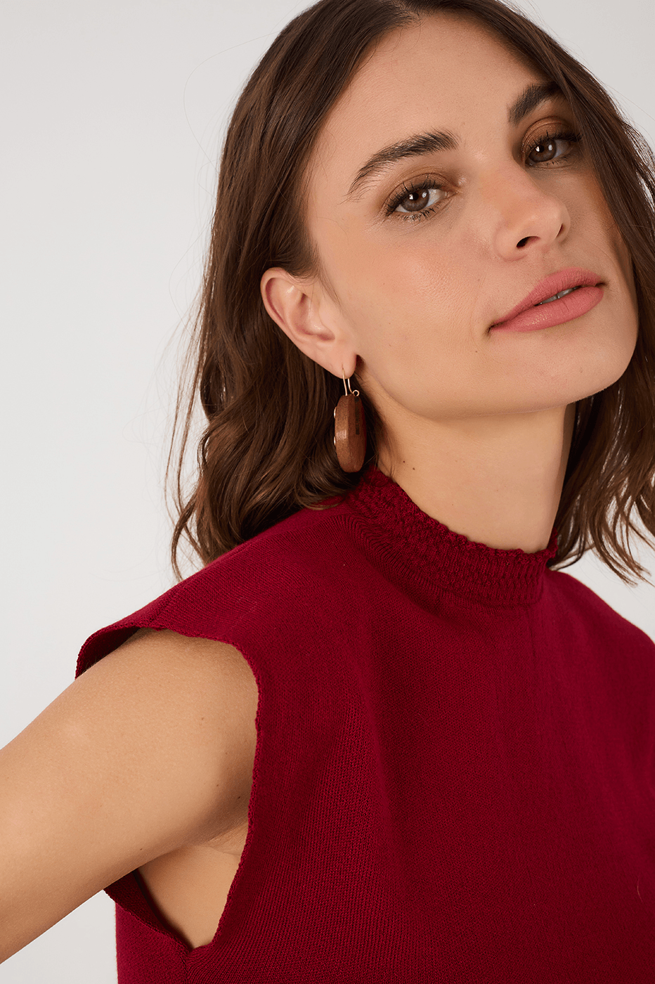 Red Encanto Smocked High Neck Sleeveless Tricot Blouse_4