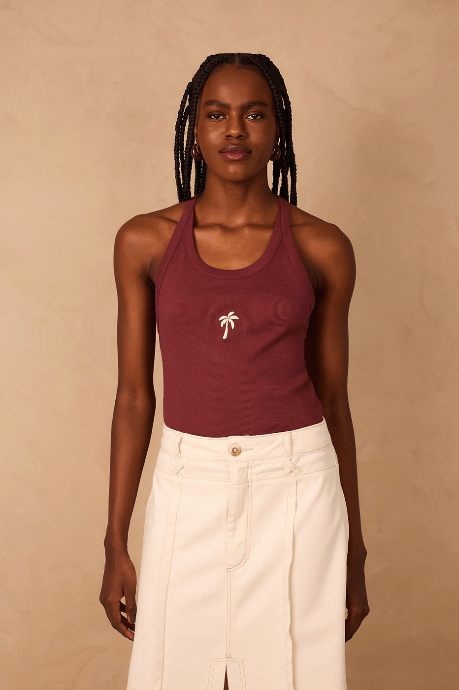 Brown Caffeine Embroidered Coconut Tree Ribbed Tank Top