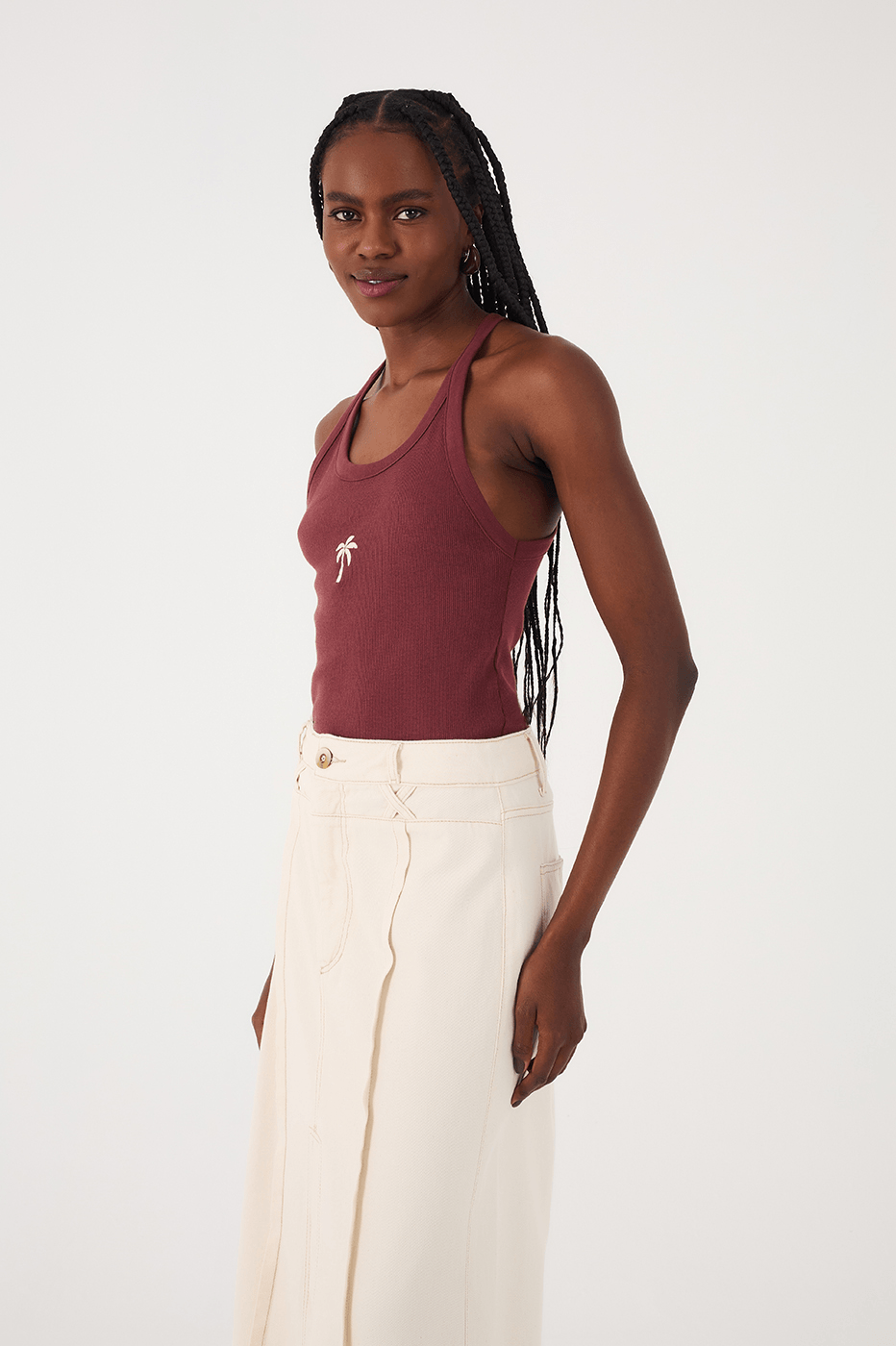 Brown Caffeine Embroidered Coconut Tree Ribbed Tank Top