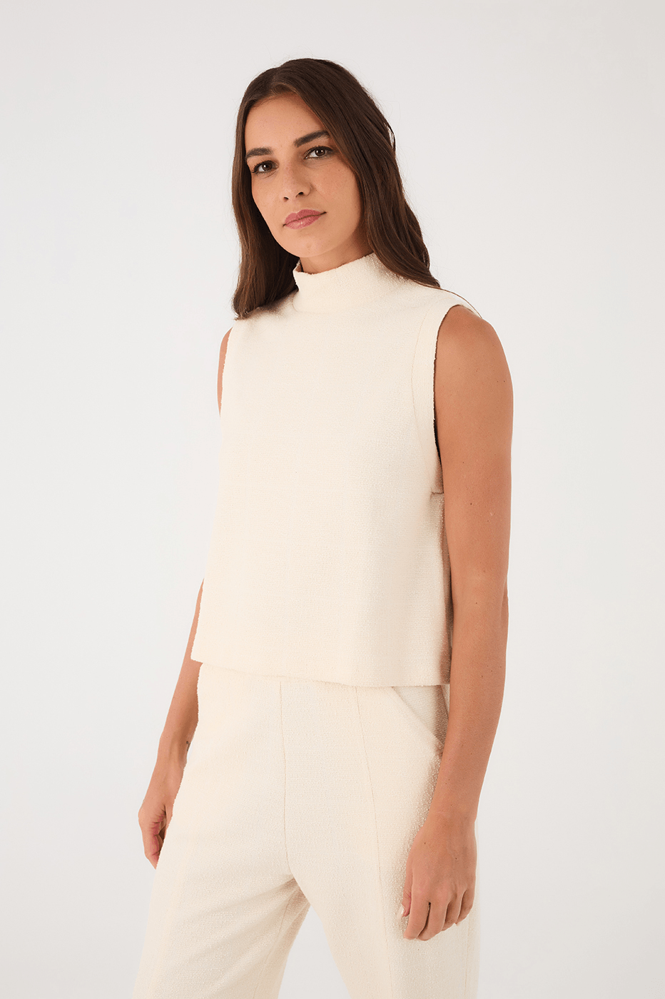 Off-White High Neck Sleeveless Boucle Blouse_4