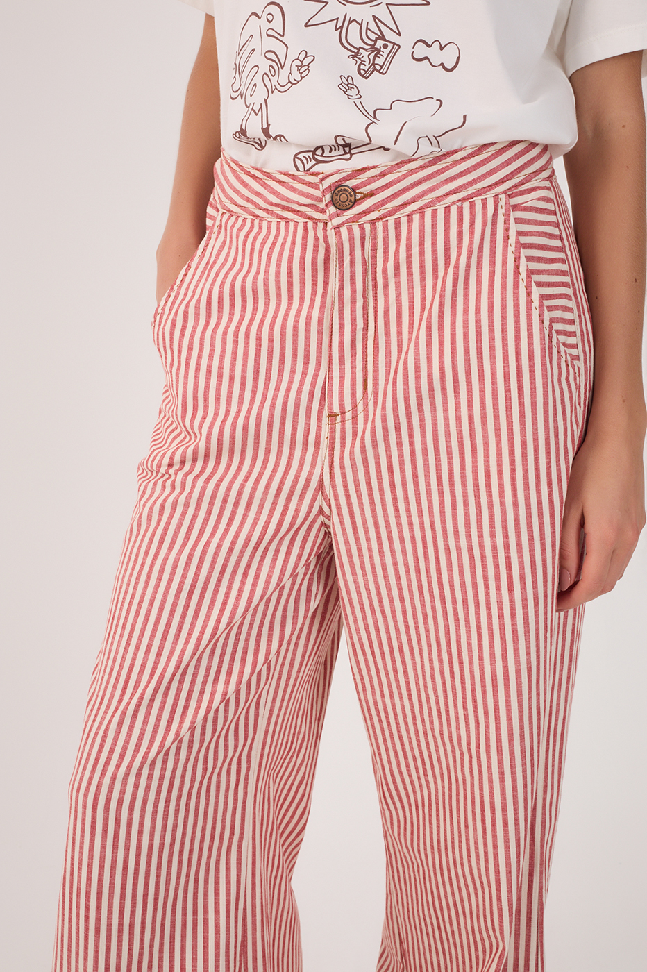 Red Stripes Pockets Wide-Leg Twill Pants_4