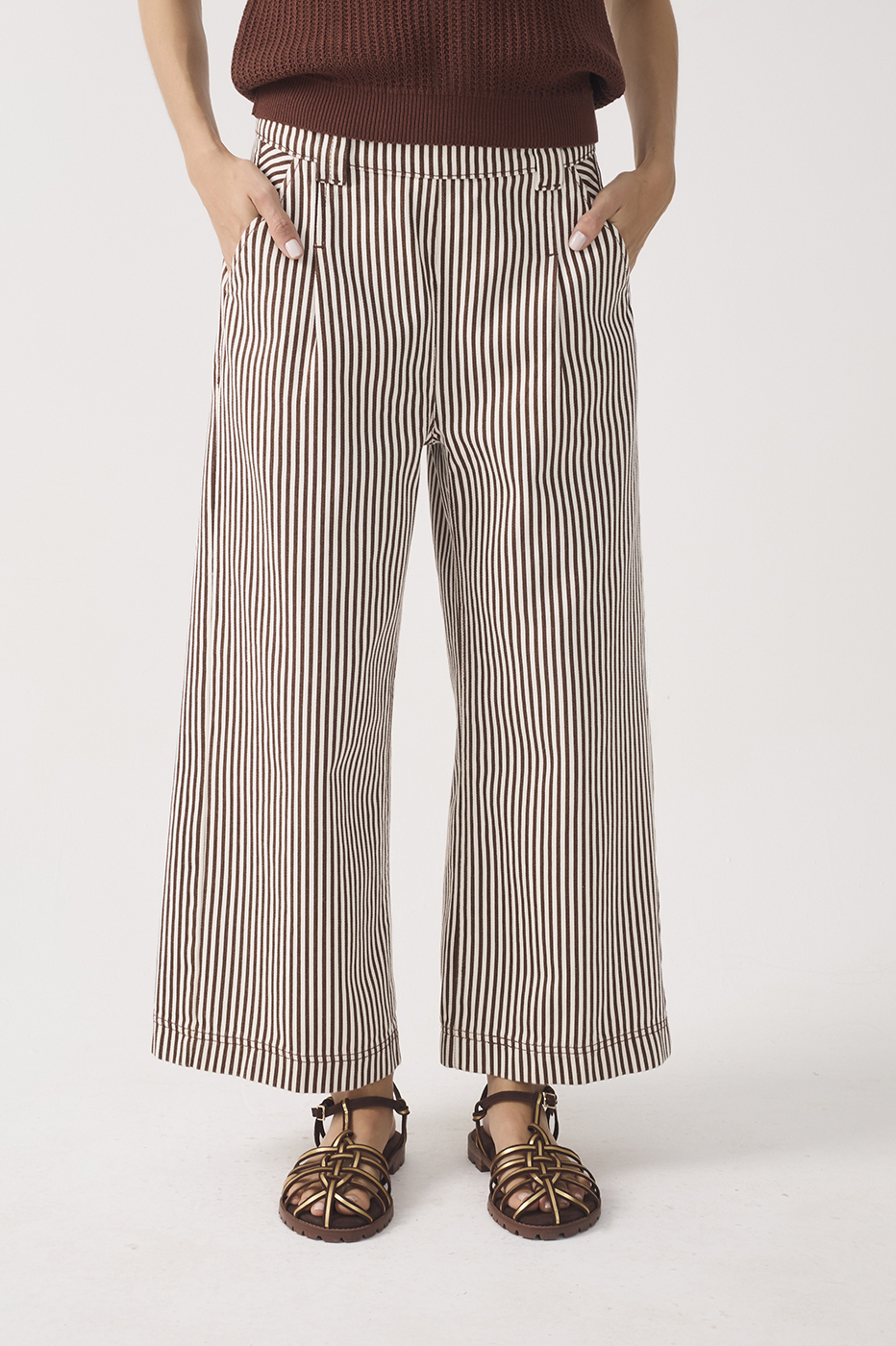 Brown Stripes Belt Loops Pockets Wide-leg Twill Pants_4