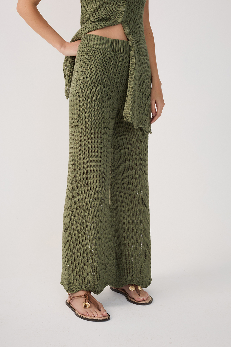 Green Wave Hem Flared Tricot Pants