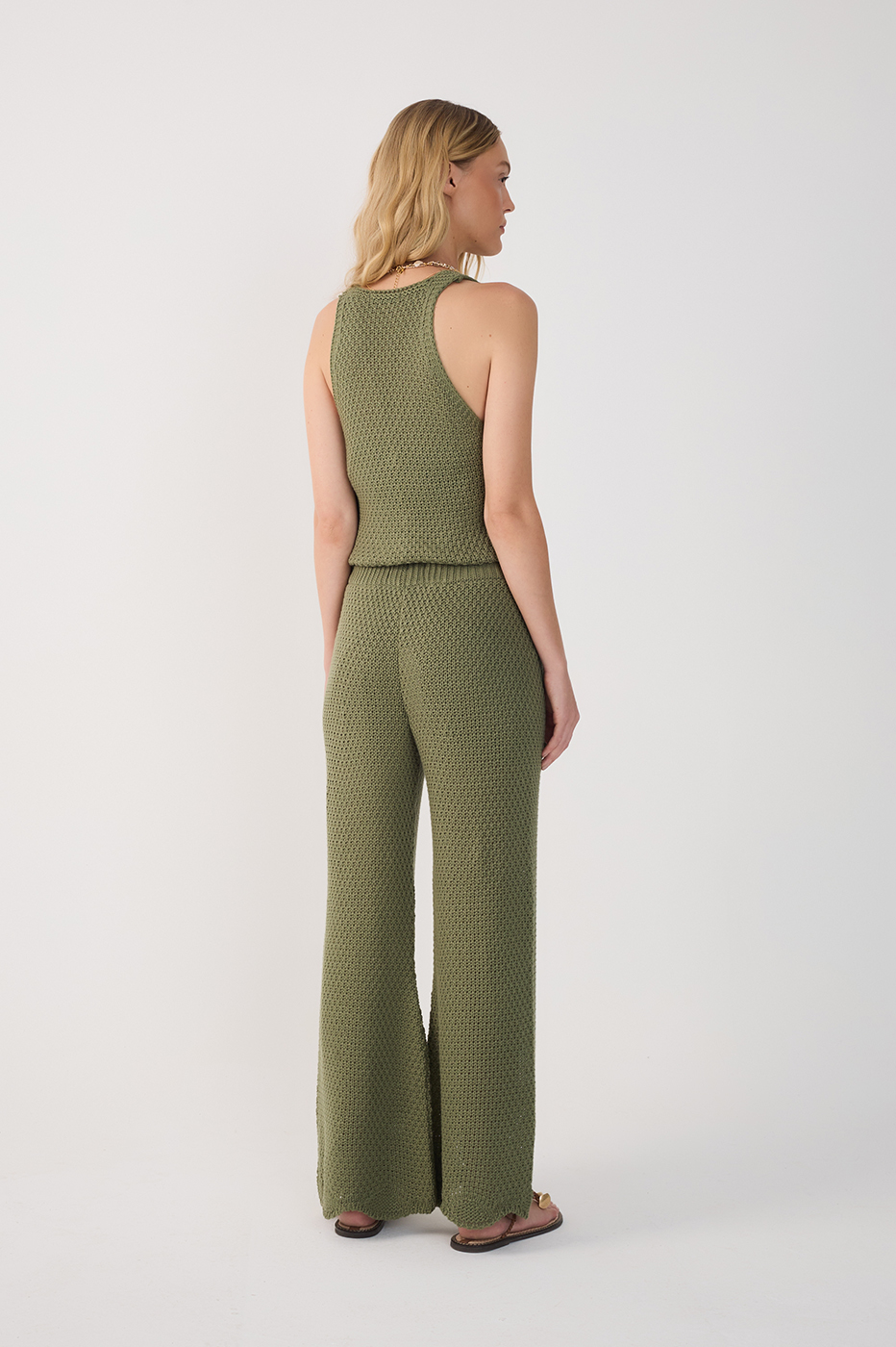 Green Wave Hem Flared Tricot Pants
