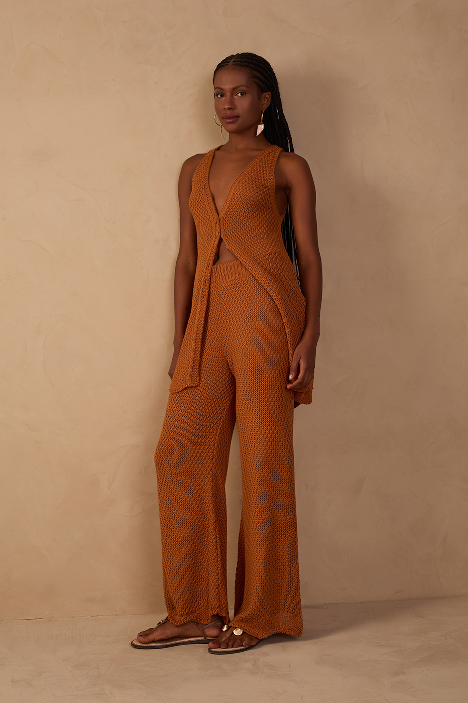 Brown Wave Hem Flared Tricot Pants_1