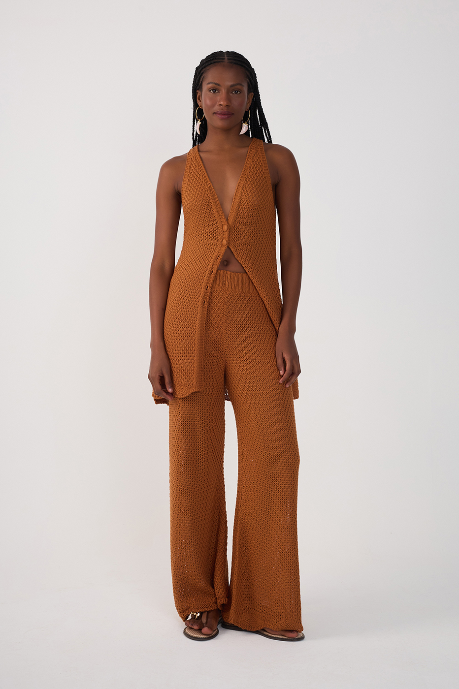 Brown Wave Hem Flared Tricot Pants_2