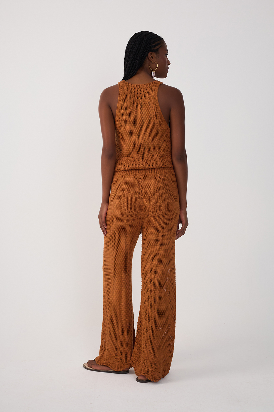 Brown Wave Hem Flared Tricot Pants_5