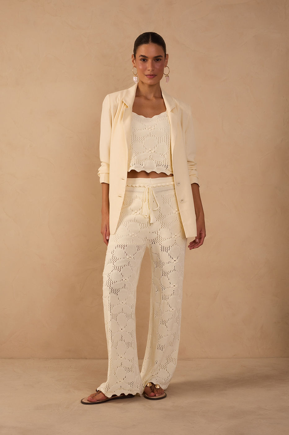 Beige Ties Wave Hem Lined Tricot Pants