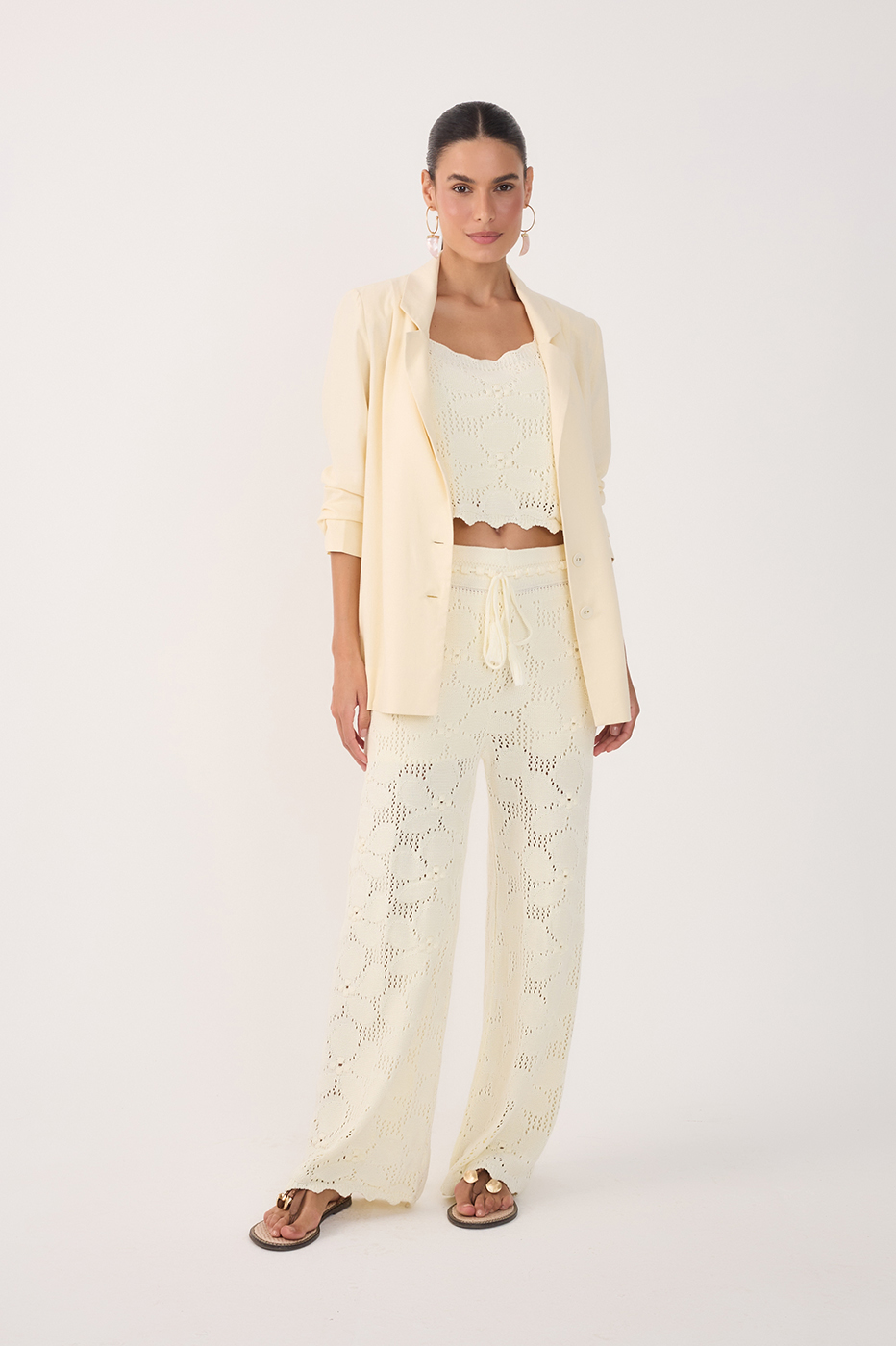 Beige Ties Wave Hem Lined Tricot Pants_2