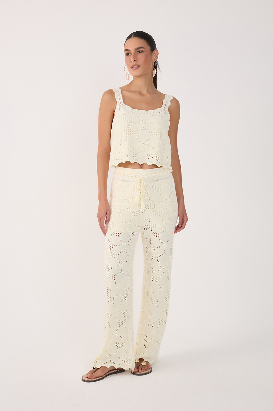 Beige Ties Wave Hem Lined Tricot Pants