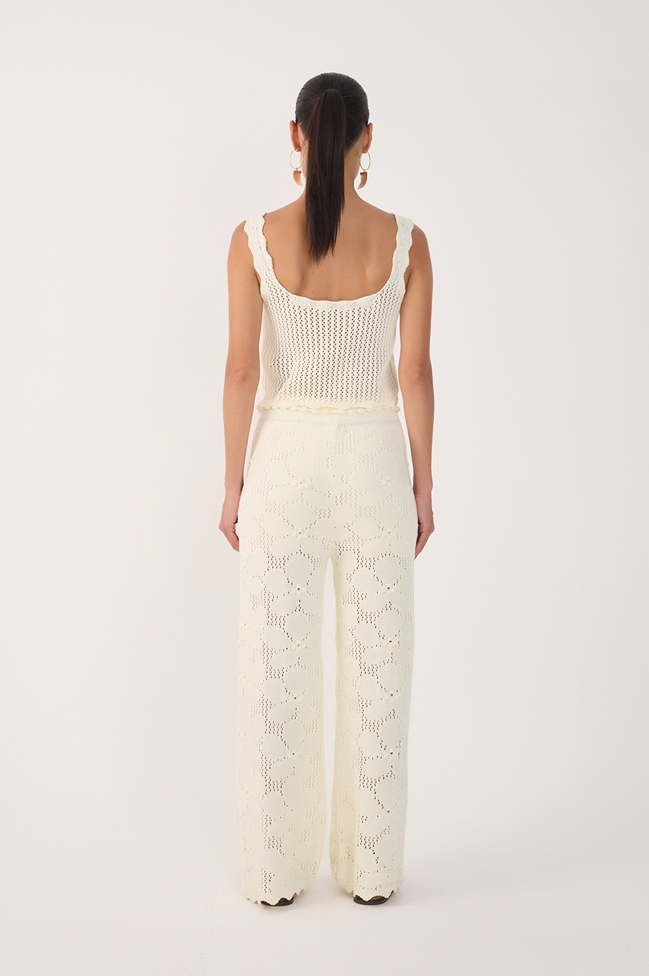 Beige Ties Wave Hem Lined Tricot Pants