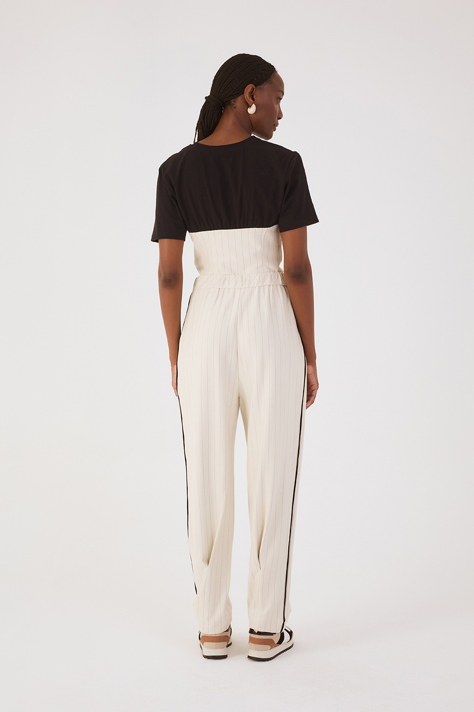Beige Pinstripe Elastic Waist Pleats Pockets Tailored Pants
