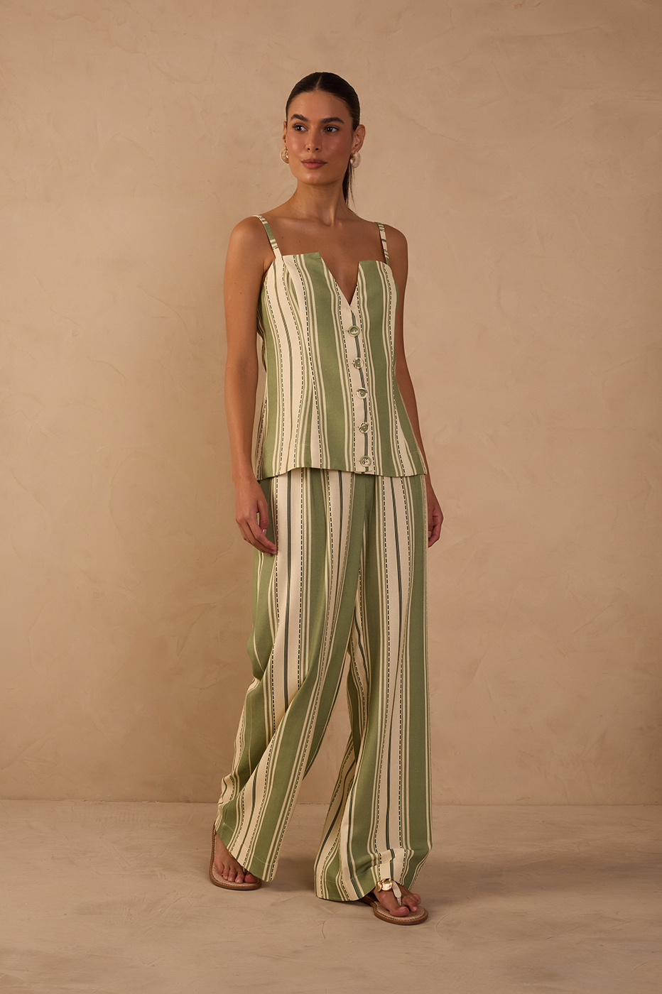 Green Stripes Buttoned Wide-Leg Pants_1