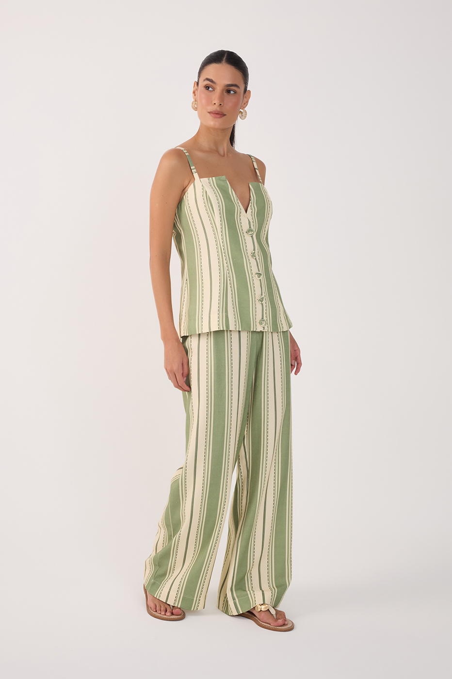 Green Stripes Buttoned Wide-Leg Pants_2