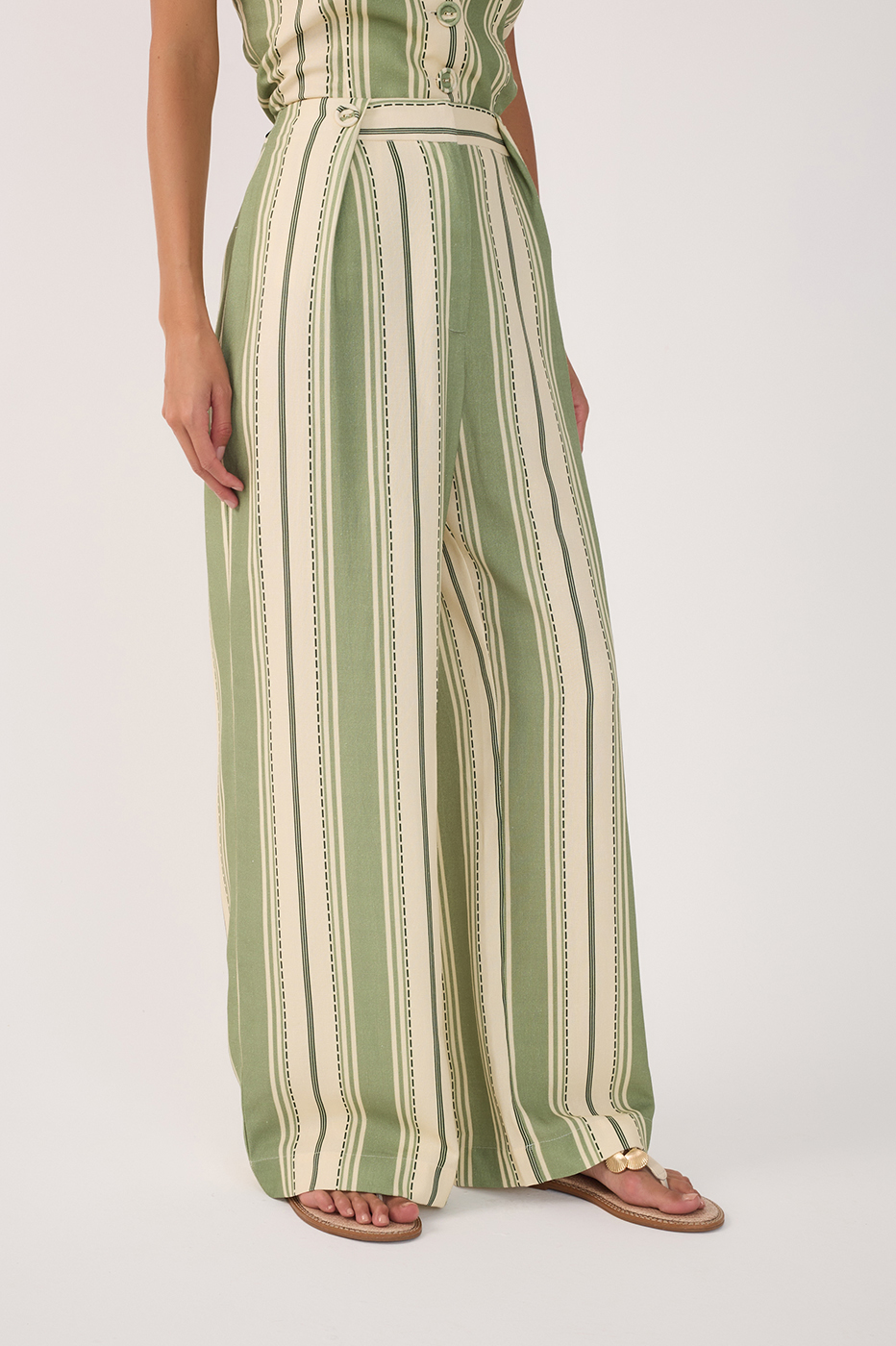 Green Stripes Buttoned Wide-Leg Pants