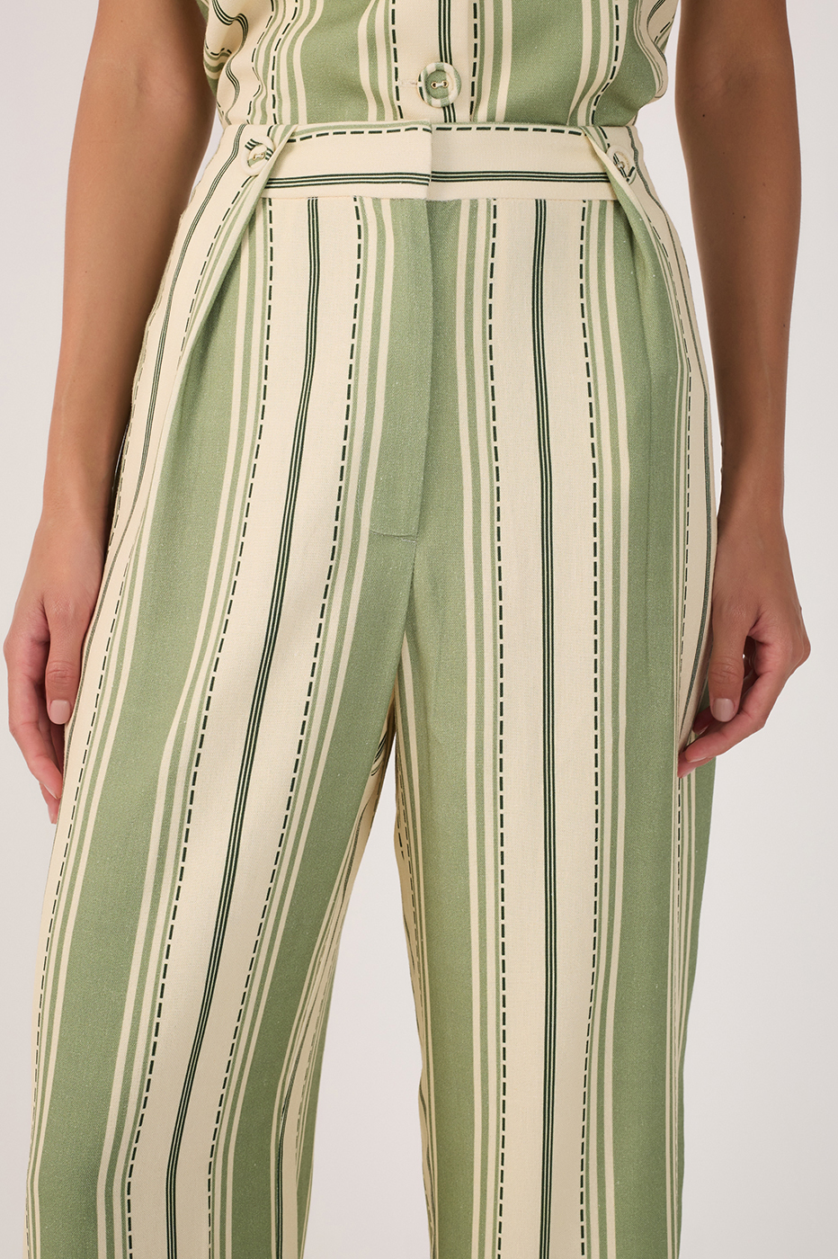 Green Stripes Buttoned Wide-Leg Pants_4