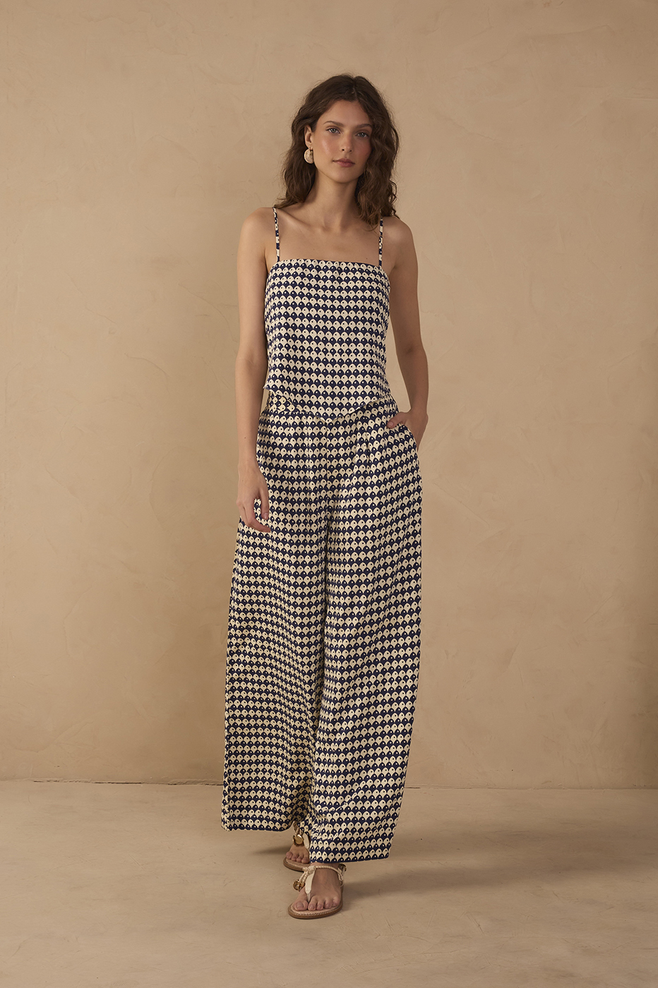 Blue Escama Elastic Waistline Wide-Leg Pants_1