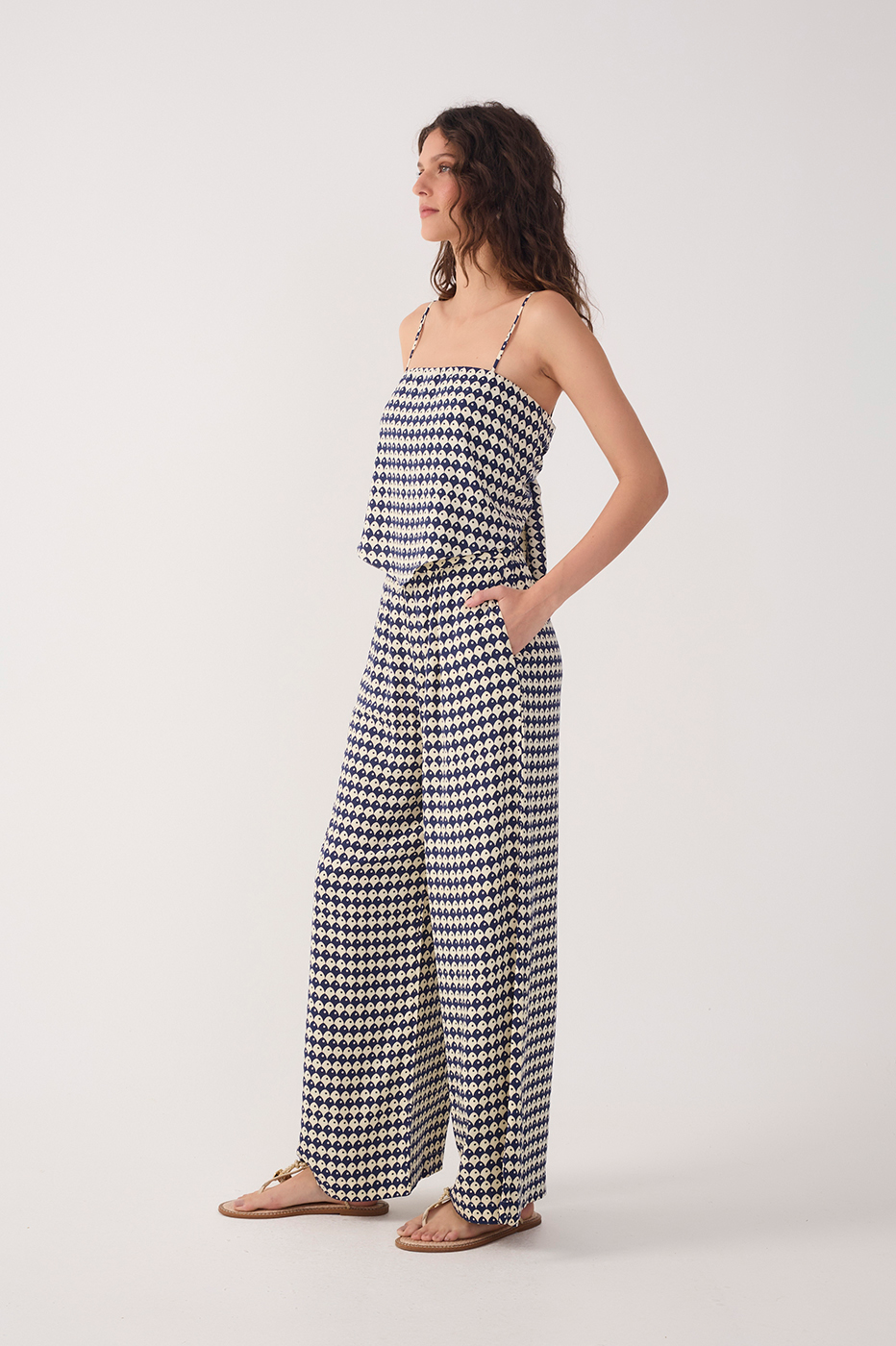 Blue Escama Elastic Waistline Wide-Leg Pants_3