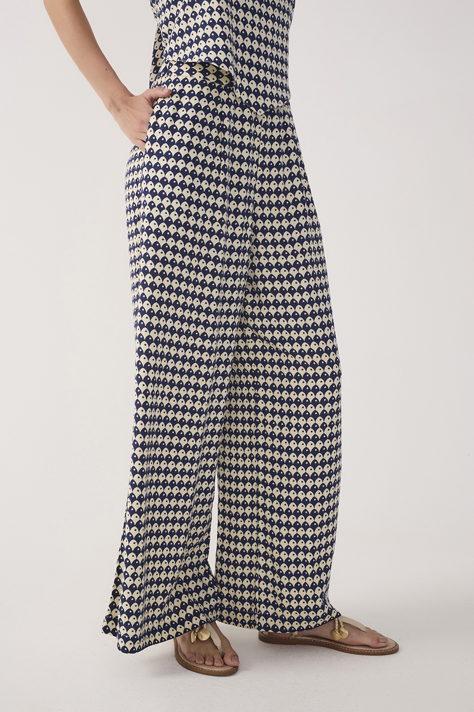 Blue Escama Elastic Waistline Wide-Leg Pants_4
