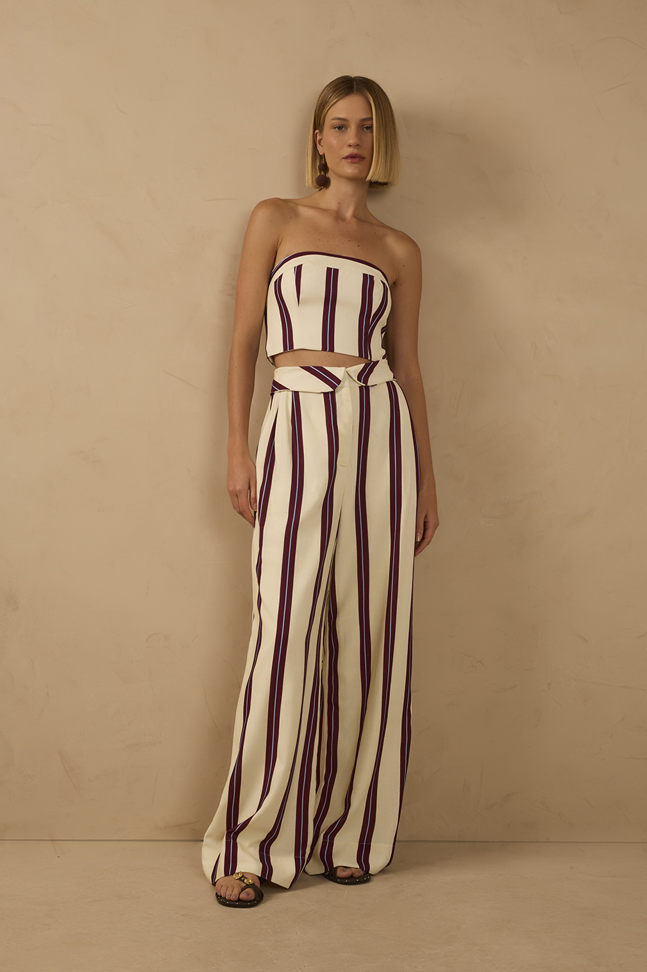 Wine Linear Flap Waist Pockets Wide-leg Pants_1