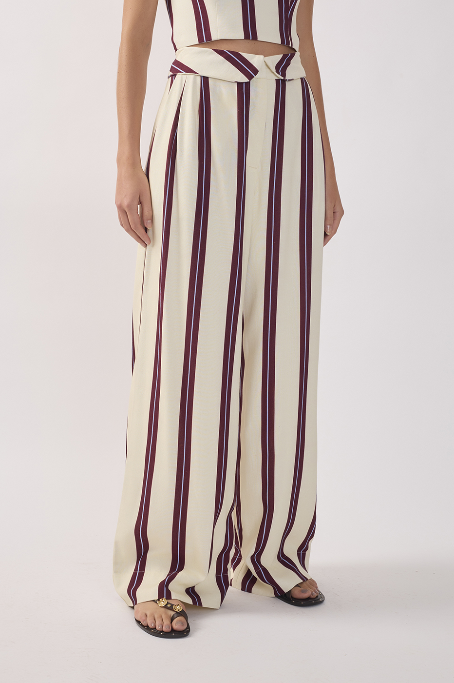 Wine Linear Flap Waist Pockets Wide-leg Pants_3