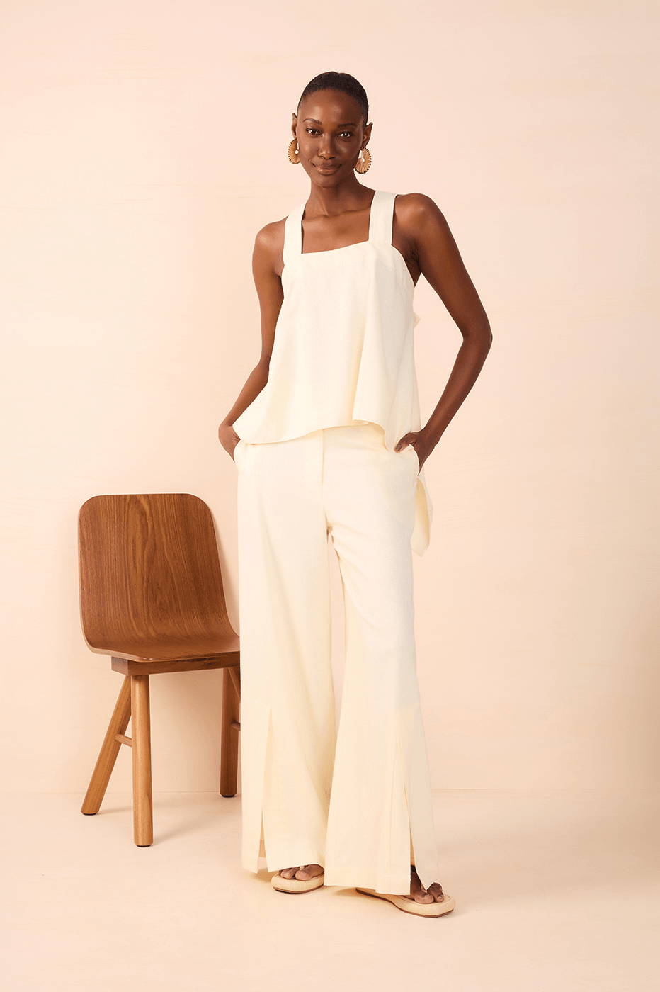 Beige Linen Pants with Hem Slit_1