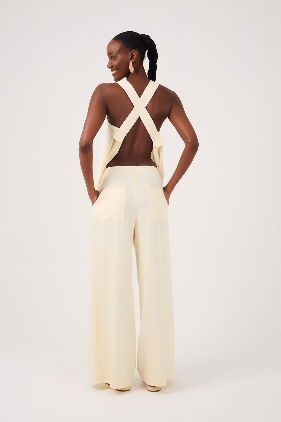 Beige Linen Pants with Hem Slit_5