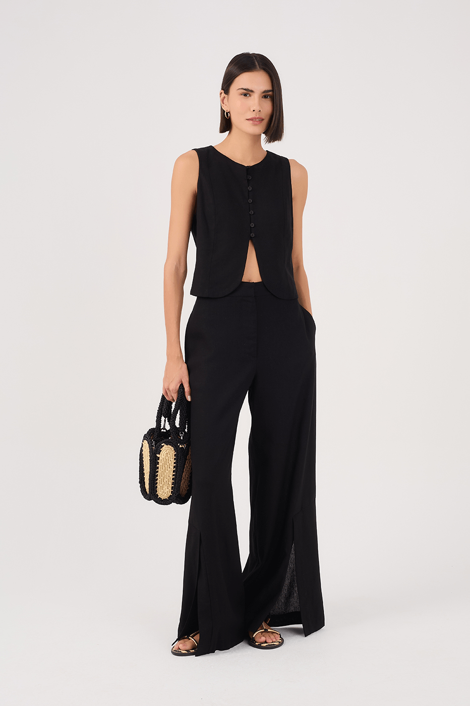 Black Linen Pants with Hem Slit