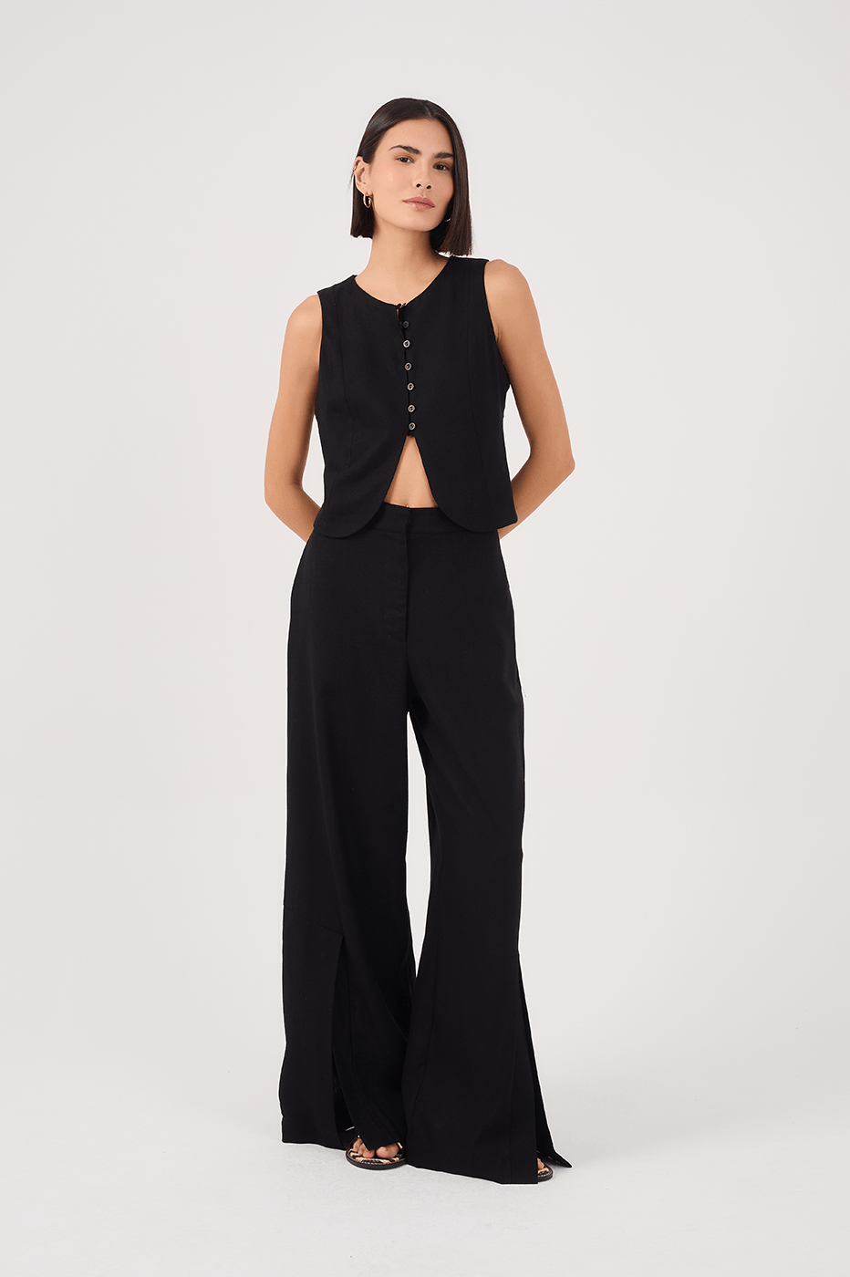 Black Linen Pants with Hem Slit