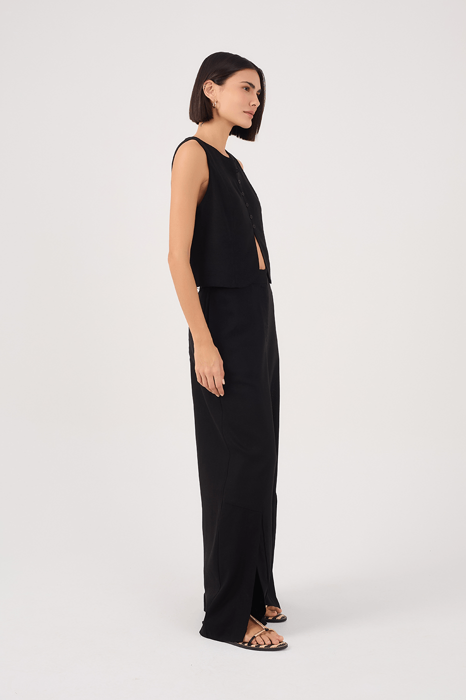 Black Linen Pants with Hem Slit