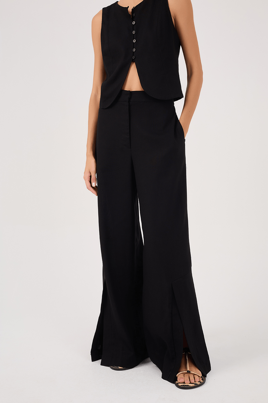 Black Linen Pants with Hem Slit