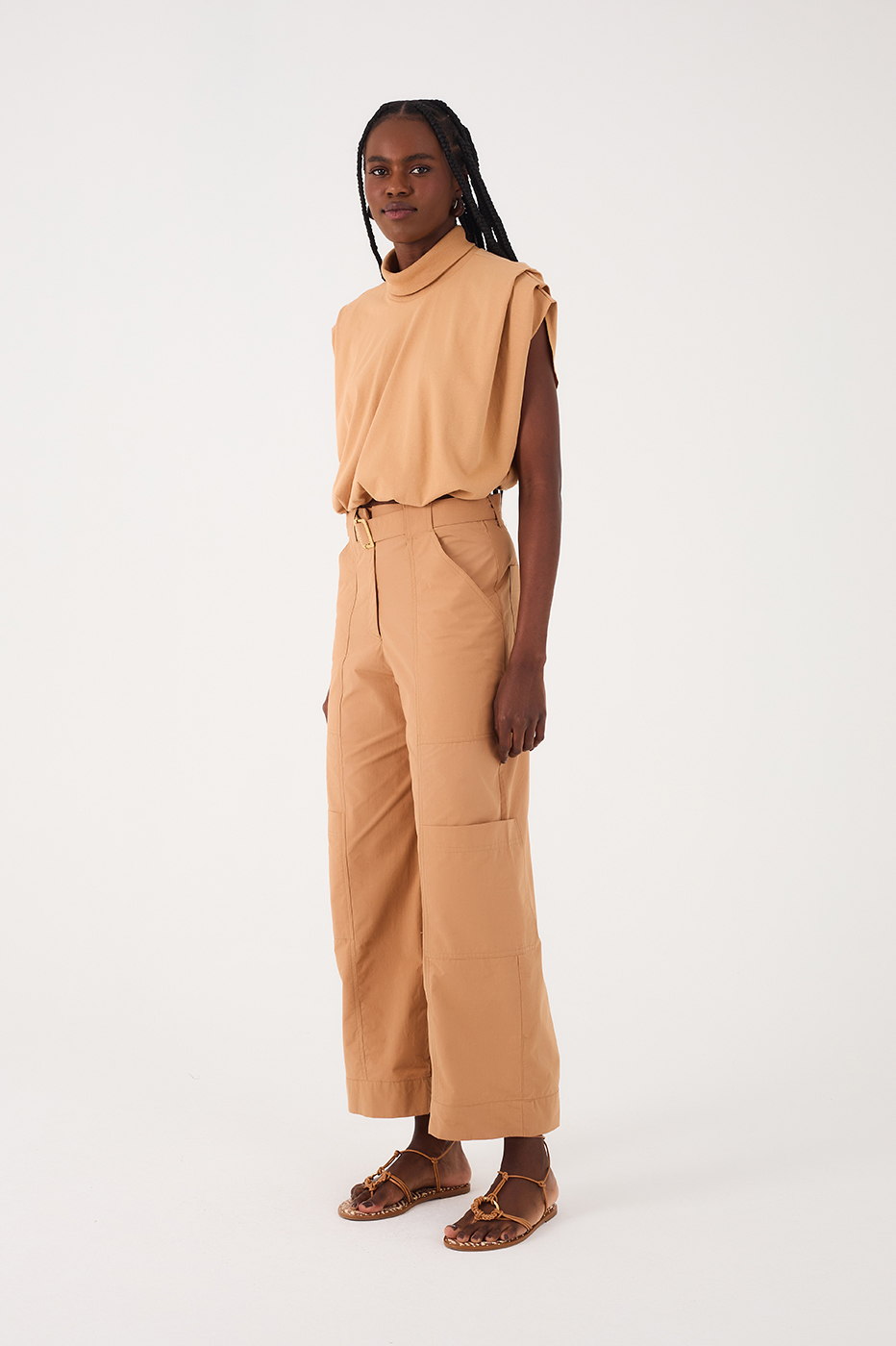 Beige Leme Belted Cotton Cargo Pants_9