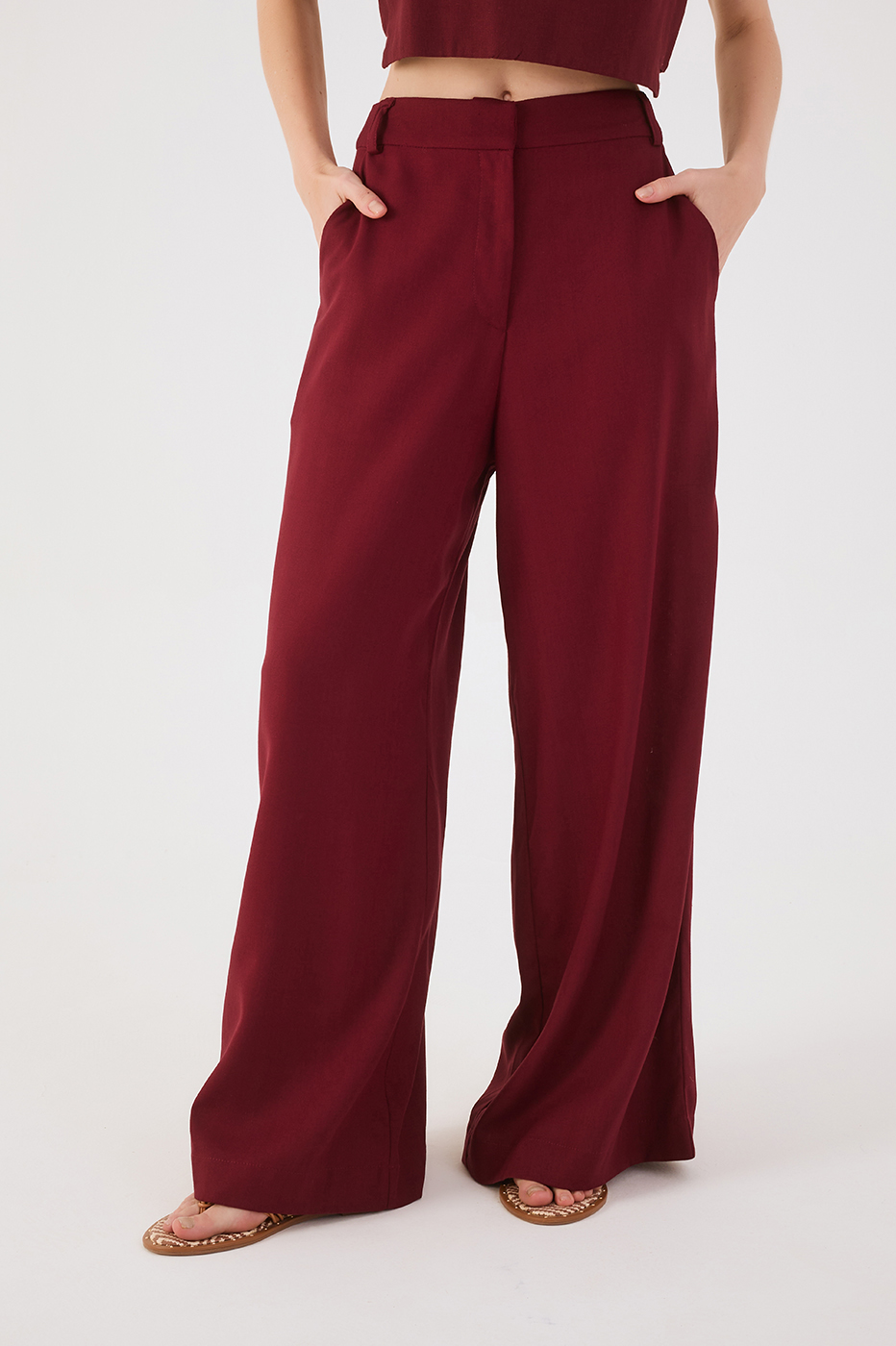 Wine Bossa Pockets Belt Loops Wide-Leg Linen Pants