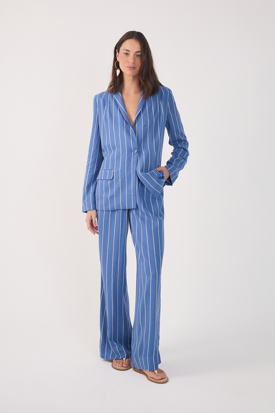 Blue Pleated Wide-Leg Linen Pants_2