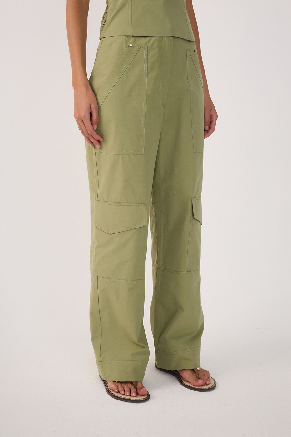 Green Rivet Pockets Wide-Leg Pants_3
