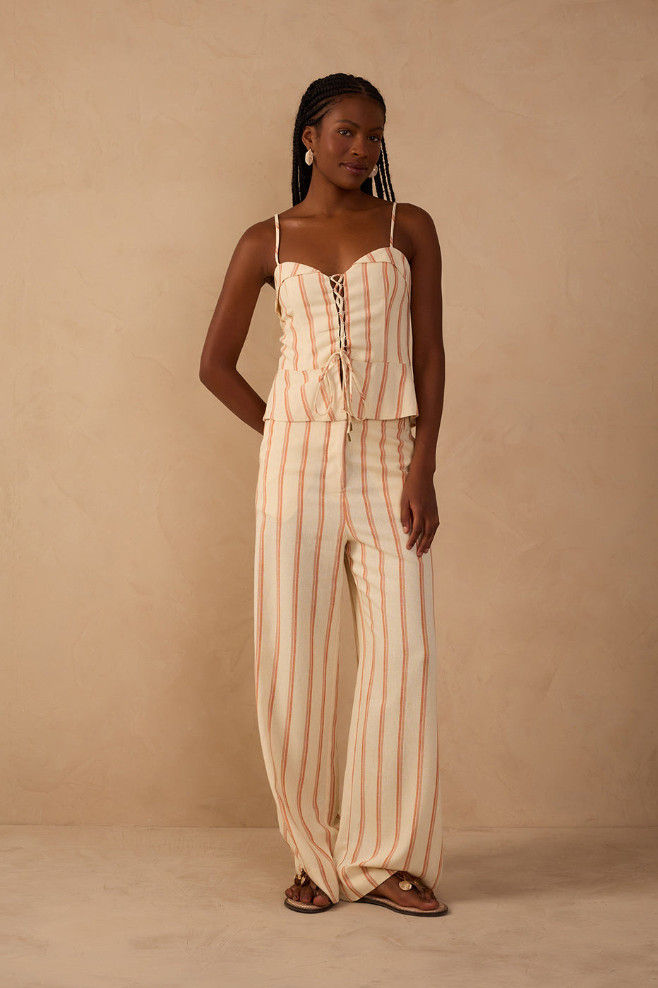 Beige Stripes Pockets Wide-Leg Pants_1