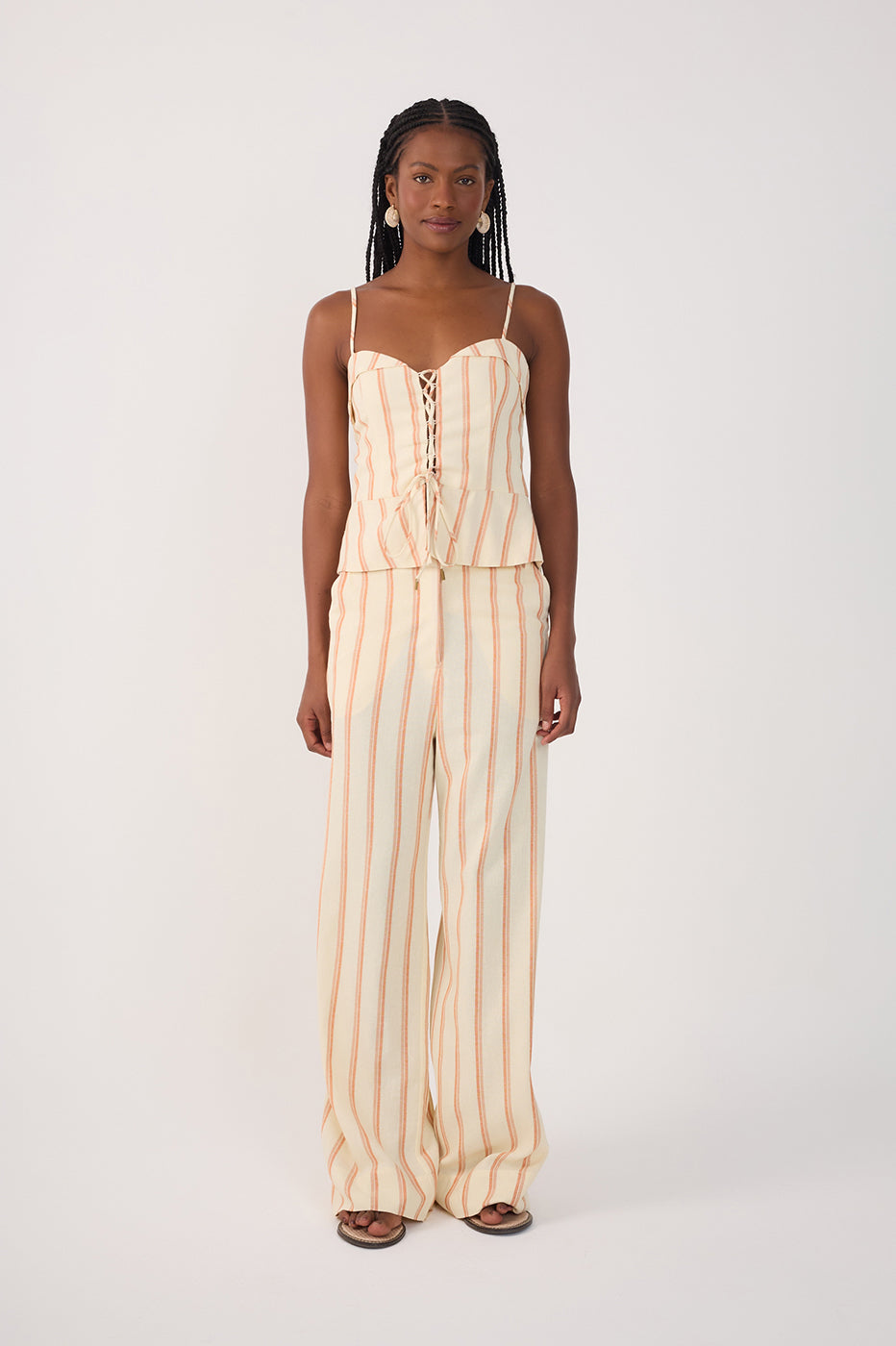 Beige Stripes Pockets Wide-Leg Pants_2