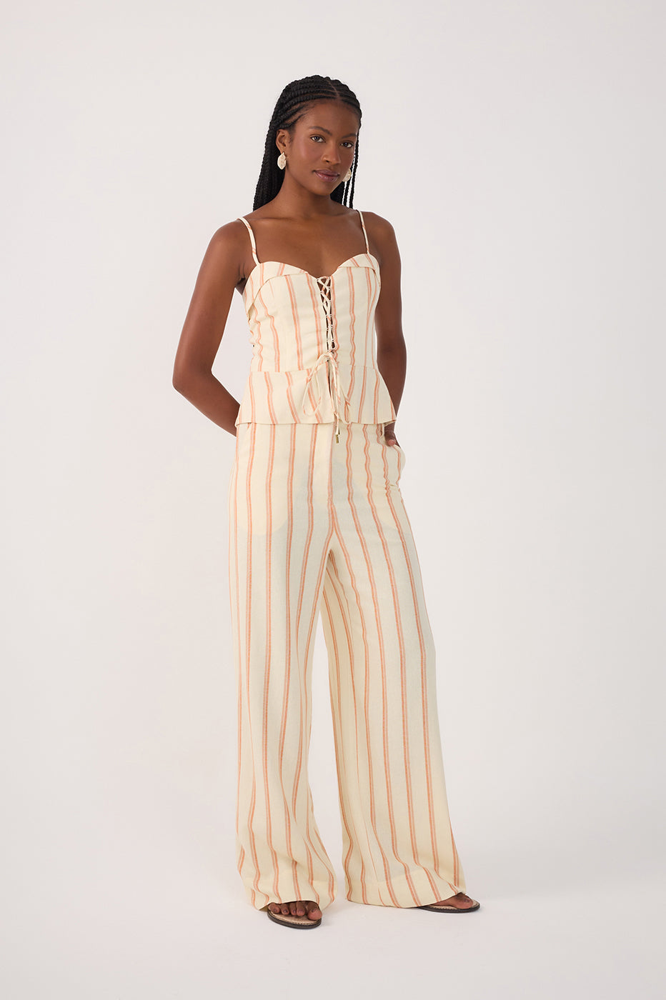 Beige Stripes Pockets Wide-Leg Pants