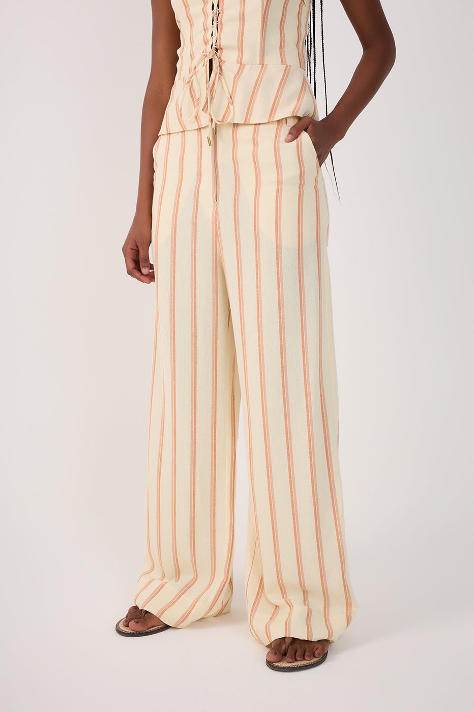 Beige Stripes Pockets Wide-Leg Pants_4