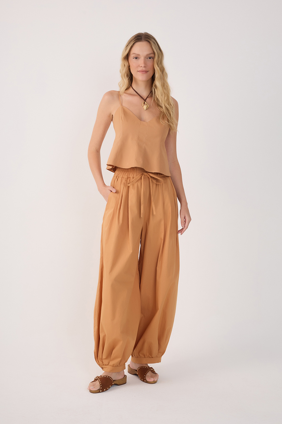 Beige Drawstring Pockets Balloon Pants