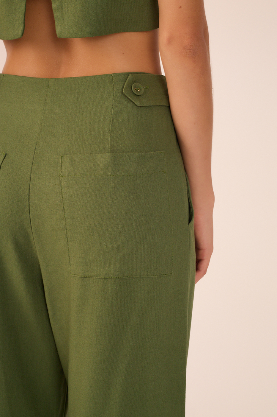 Green Pockets Belt Loops Linen Pants