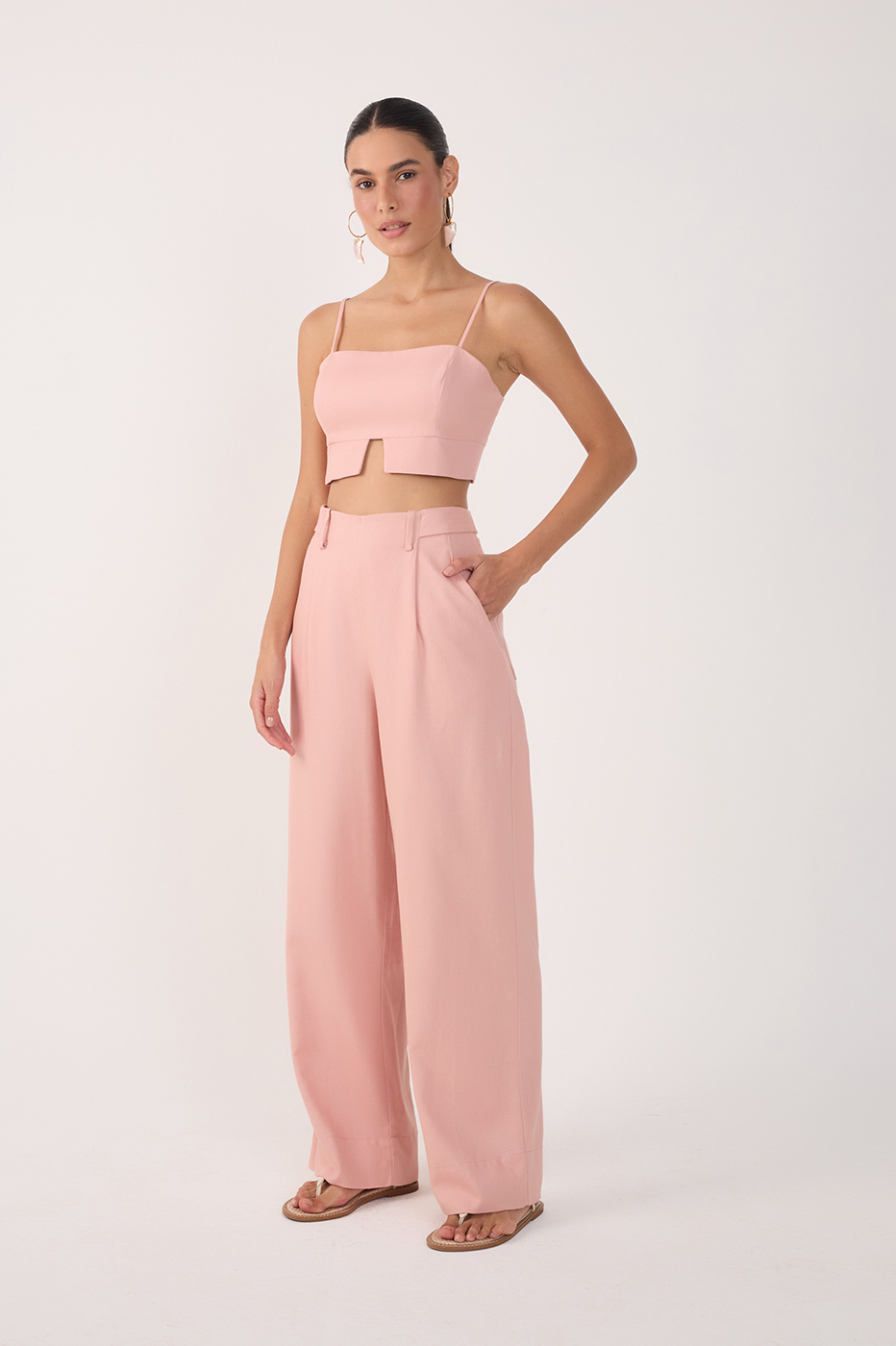 Pink Pockets Belt Loops Linen Pants_3