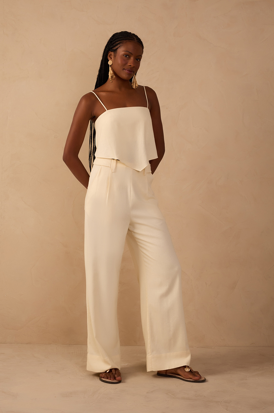 Beige Pockets Belt Loops Linen Pants_1