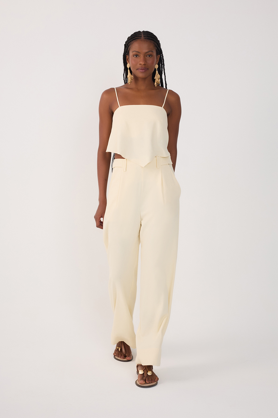 Beige Pockets Belt Loops Linen Pants_2