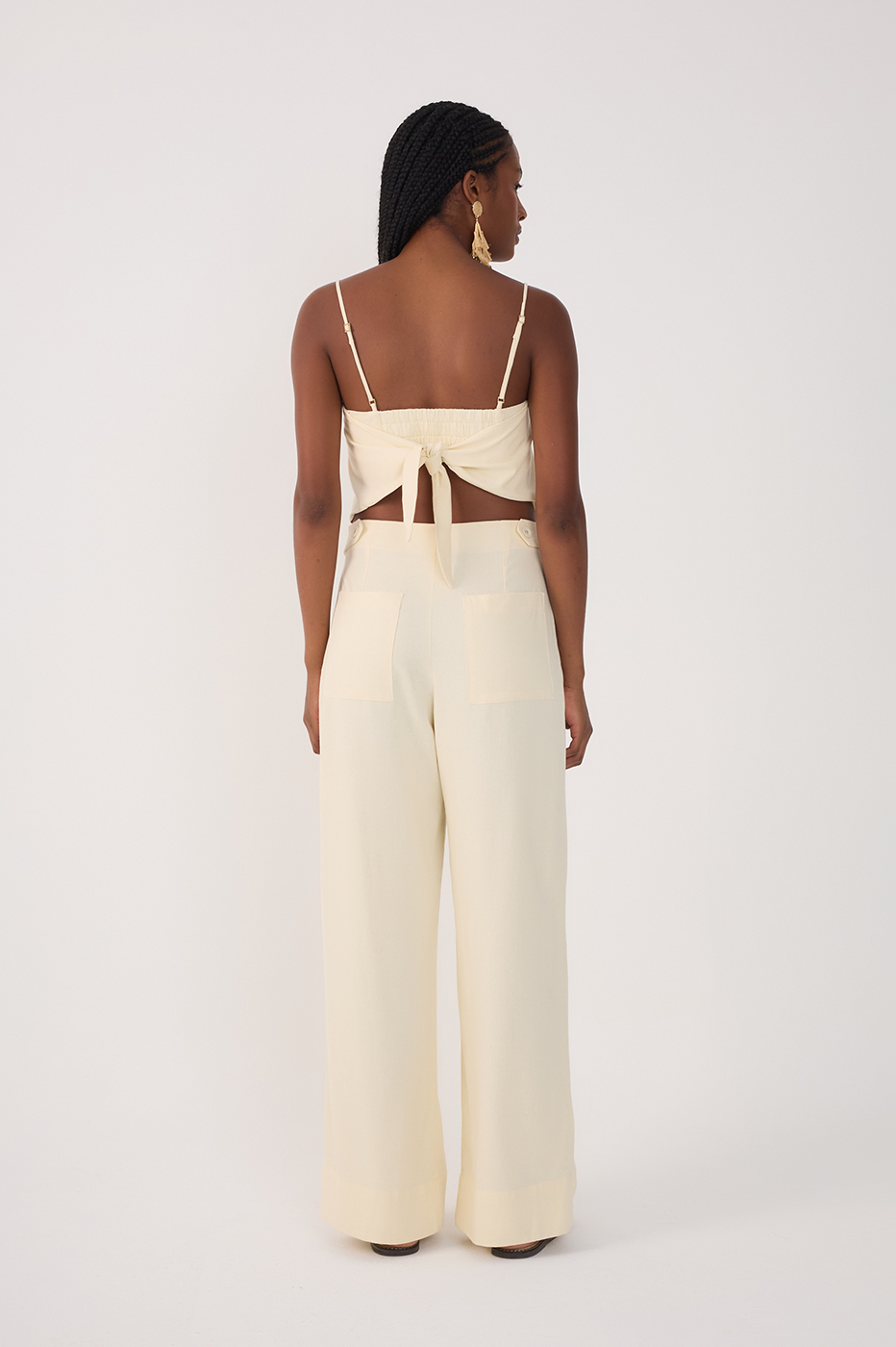 Beige Pockets Belt Loops Linen Pants_6