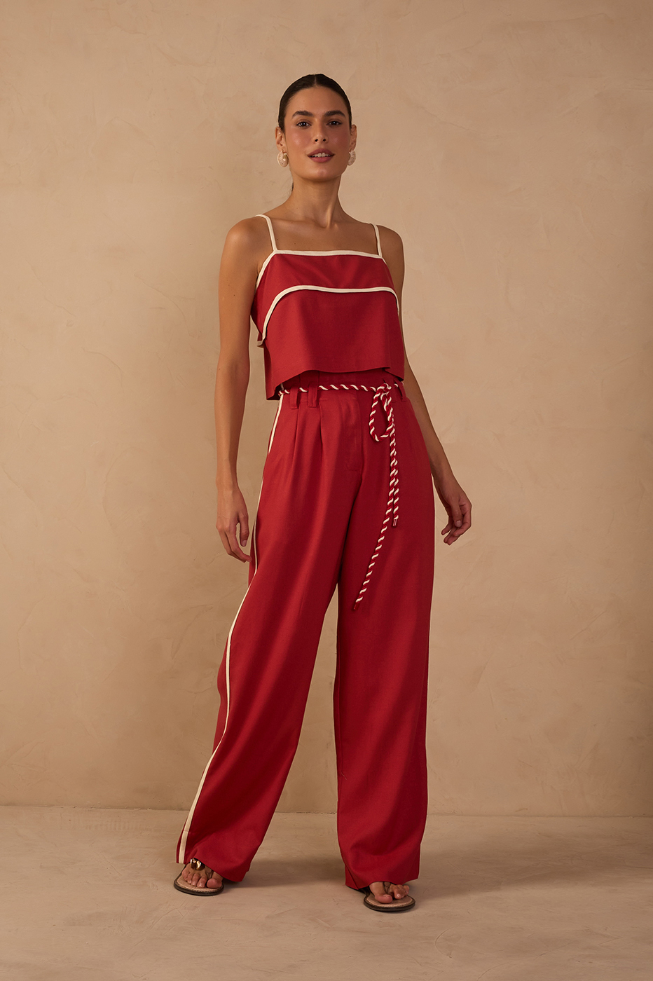 Red Rope Belt Pockets Pleats Linen Pants_1