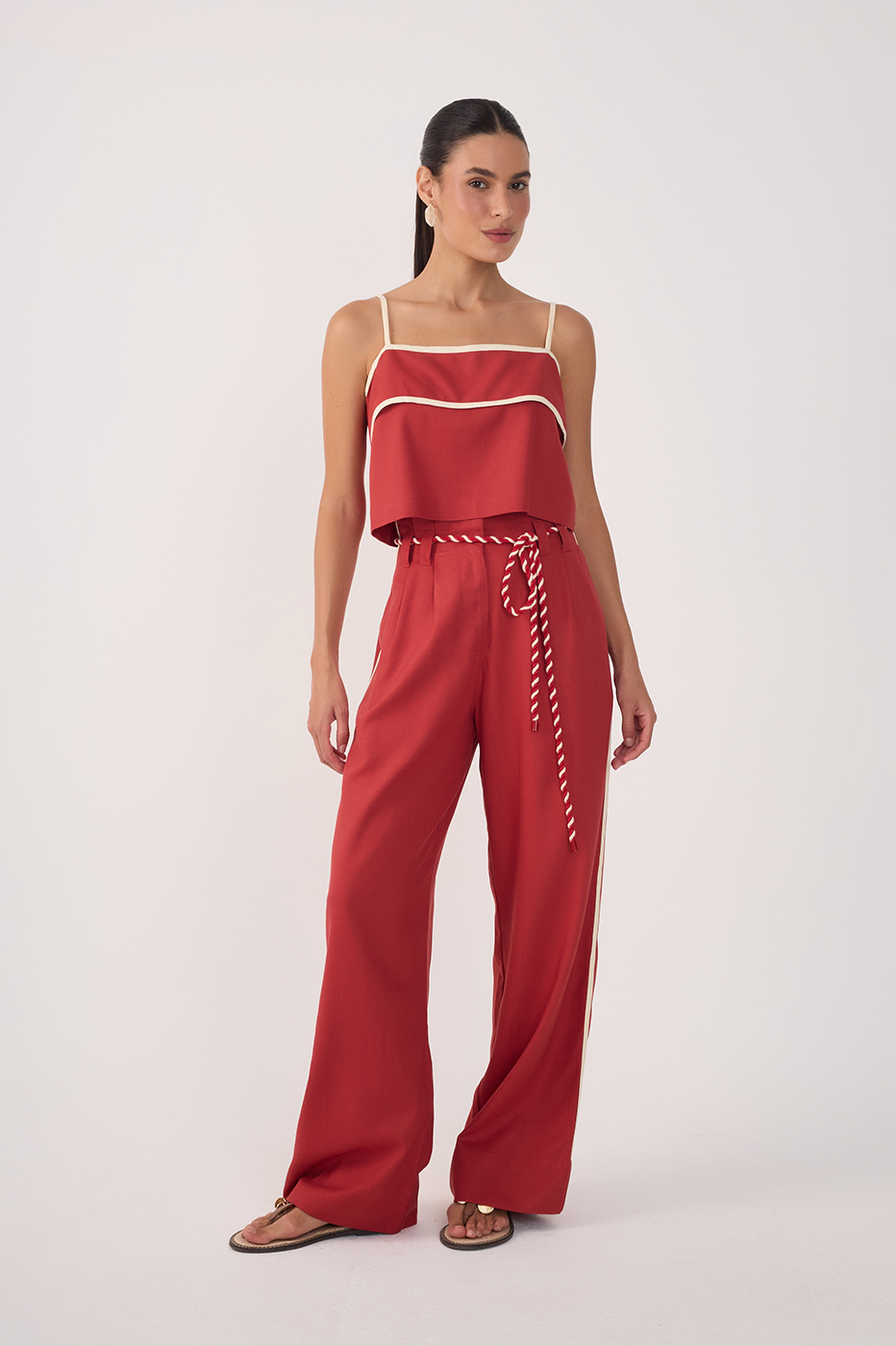 Red Rope Belt Pockets Pleats Linen Pants_2
