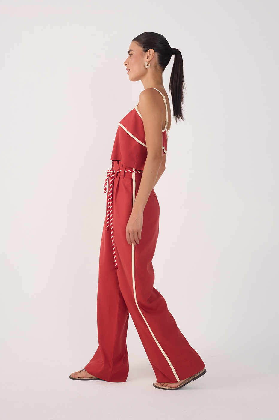 Red Rope Belt Pockets Pleats Linen Pants_3