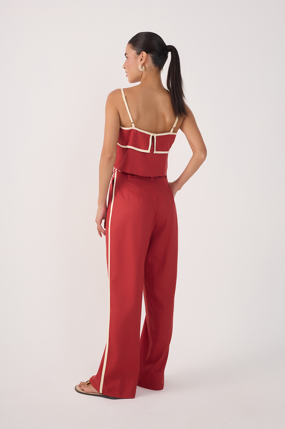 Red Rope Belt Pockets Pleats Linen Pants_6